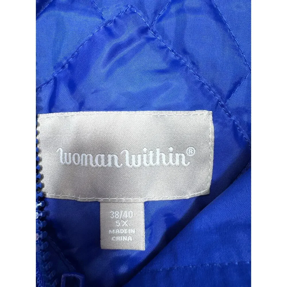 Woman Within Plus Sz Parka Sz 5X 38/40 Blue Full Zip Faux Fur Hood Quilted Liner